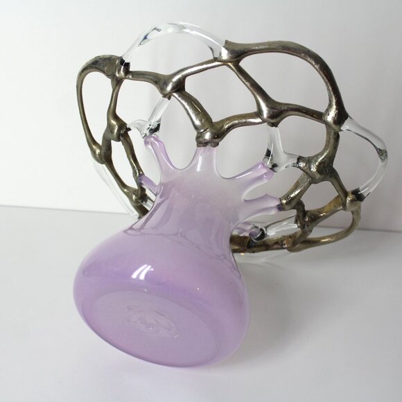 M Duca Hand Blown Mid-Century Glass Lattice Web Vase Gold Lavender Signed - Picture 10 of 16